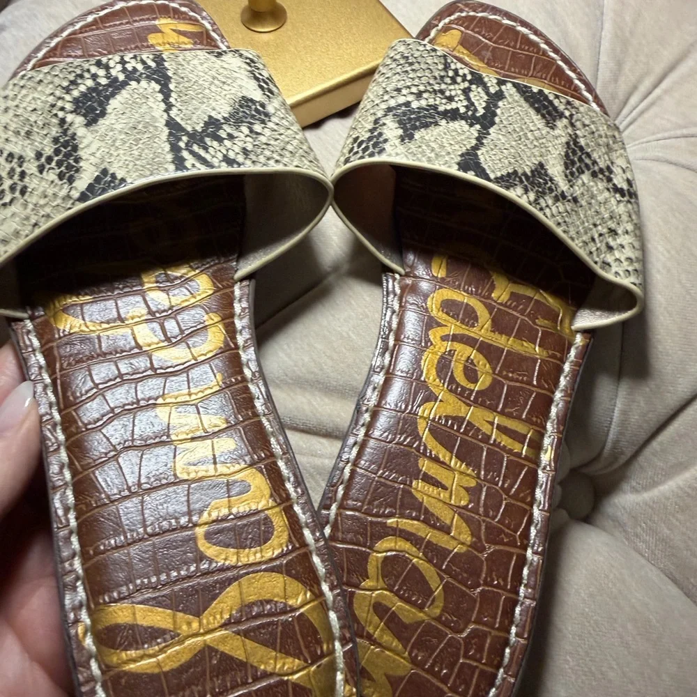 Sam Edelman Snake-Print Slide Sandals in Beige and Black - Picture 2 of 7